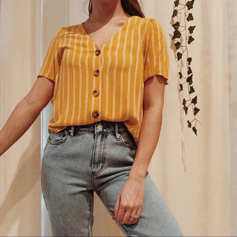 Yellow Striped Button Top